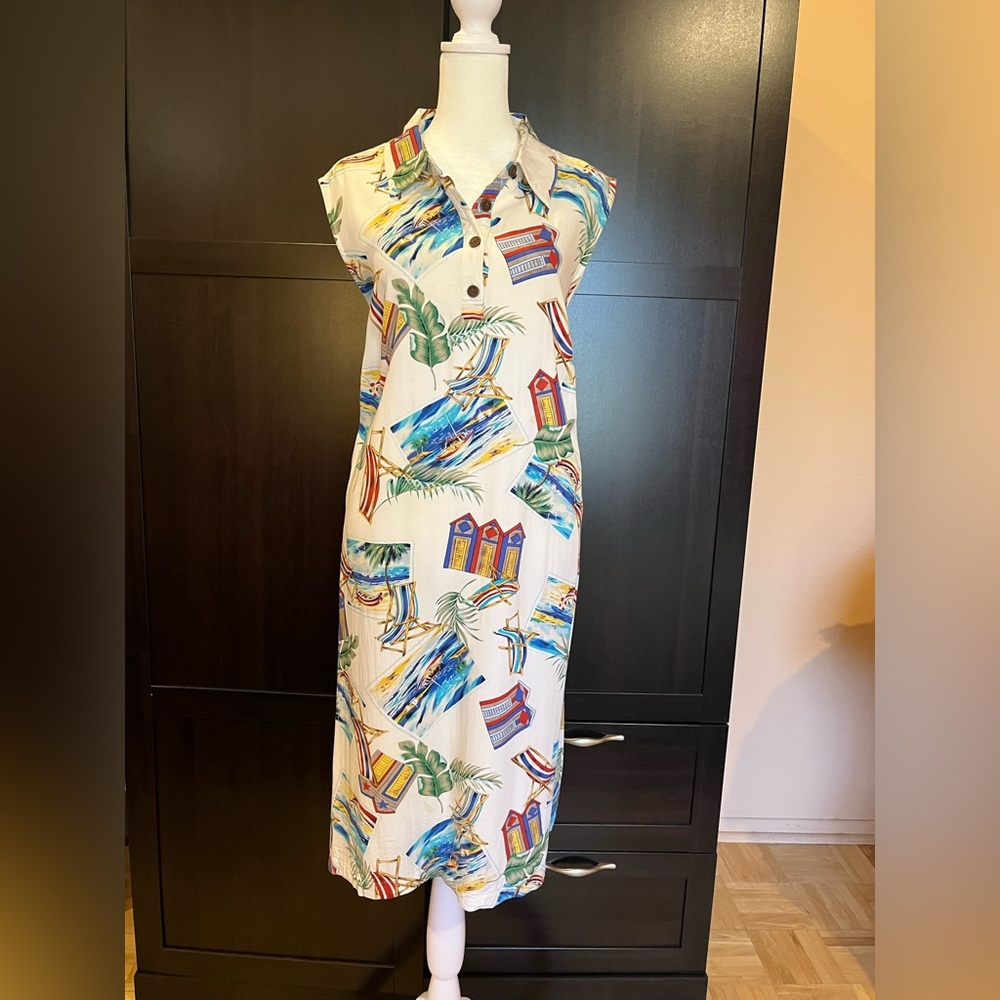 Caribbean Joe vintage dress with beach themed print. Sleeveless, lapel collar 2X - Picture 2 of 9